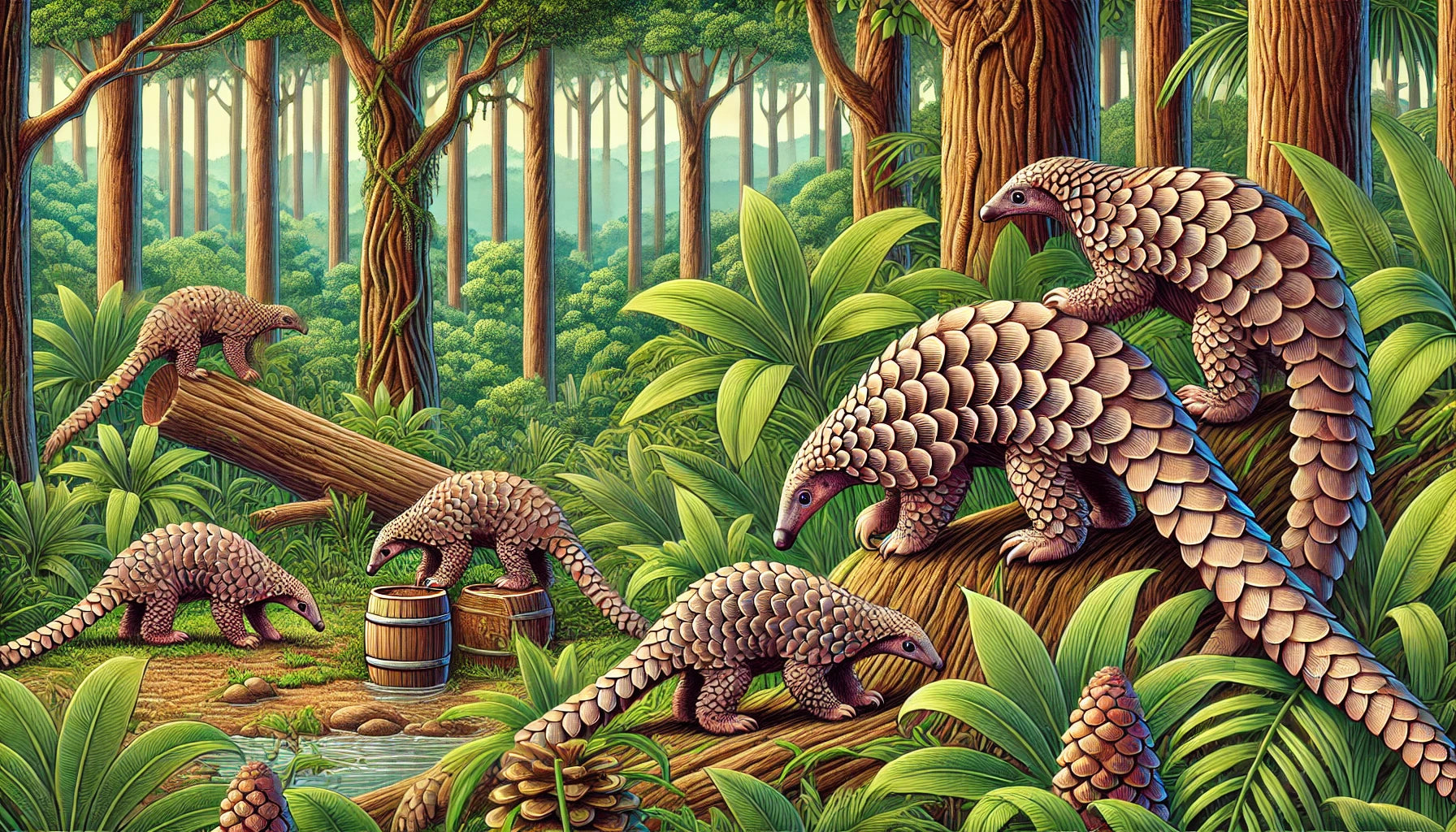 llustration of several pangolins foraging and resting in their natural tropical forest habitat. The scene includes tall trees, fallen logs, and a variety of lush vegetation.