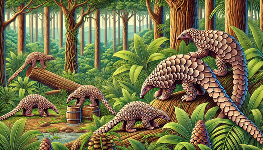 llustration of several pangolins foraging and resting in their natural tropical forest habitat. The scene includes tall trees, fallen logs, and a variety of lush vegetation.