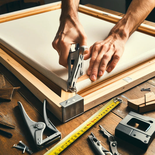 Artist's hands expertly stretching canvas over a wooden frame, with tools like a staple gun and canvas pliers, in a studio setting.