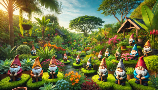 The garden gnomes, each with unique and whimsical designs, are strategically placed among the plants, creating focal points and enhancing the natural beauty of the garden.
