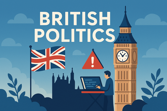 A digital illustration titled “British Politics” featuring the phrase in bold white letters at the top against a blue gradient sky with soft clouds. The scene includes a stylized Elizabeth Tower (Big Ben)