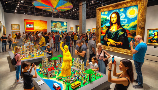 A vibrant scene inside ‘The Art of the Brick’ exhibition in Boston. The gallery is filled with colorful and intricate LEGO sculptures created by Nathan Sawaya.