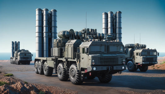 The S-400 Triumf missile system deployed in a military base, showcasing multiple missile launchers and radar systems on large, mobile trucks. 