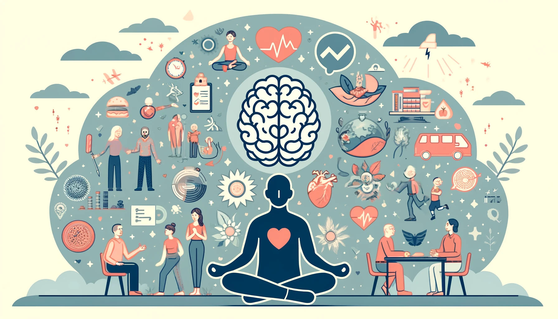 Here is the generated illustration depicting various aspects of mental health. It includes icons for exercise, balanced diet, social connections, mindfulness, and professional help