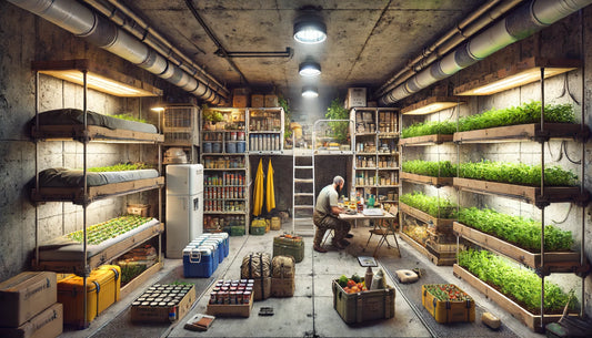 detailed image of an underground survival shelter setup after an apocalypse, depicting a well-prepared and self-sufficient environment.