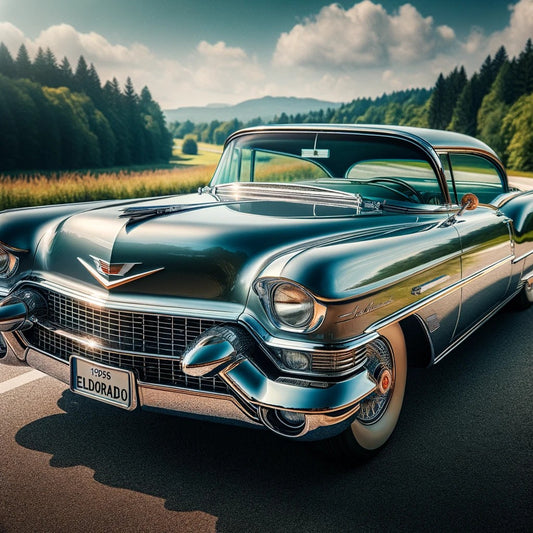 A beautifully restored 1950s Cadillac Eldorado with sleek lines, iconic tailfins, and chrome accents, parked on a scenic road with a backdrop of clear blue sky and lush green trees.