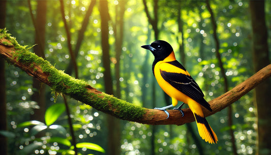 A Black-hooded Oriole perched on a tree branch in a lush woodland. The bird has a bright yellow body with a contrasting black head and throat. 