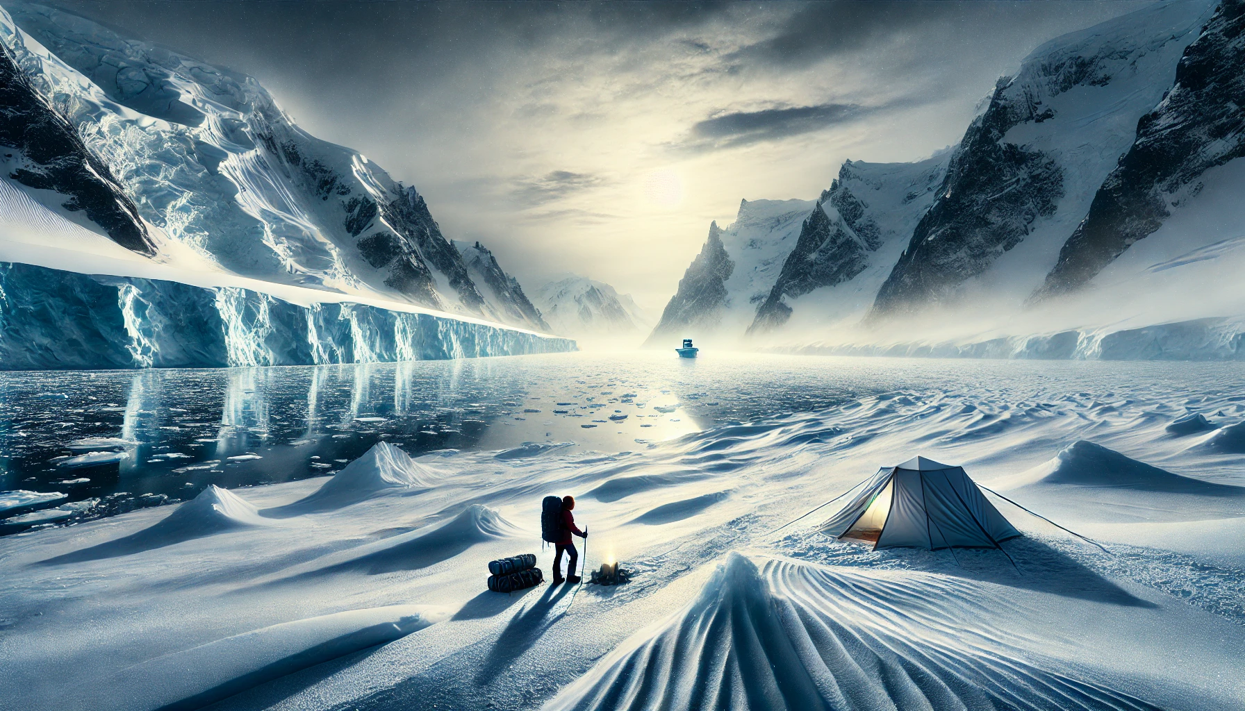 The scene depicts a vast icy wilderness, emphasizing the challenges and beauty of surviving in such a harsh environment.