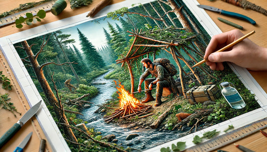 "A detailed scene of a person in a wilderness setting practicing survival skills. The person is building a shelter using branches and leaves, with a small fire burning nearby.