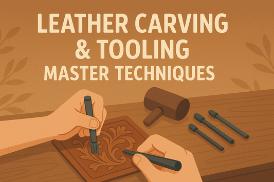 A digital illustration titled “Leather Carving & Tooling: Master Techniques” in a landscape layout. The scene features a warm, earthy background with subtle leaf patterns. 