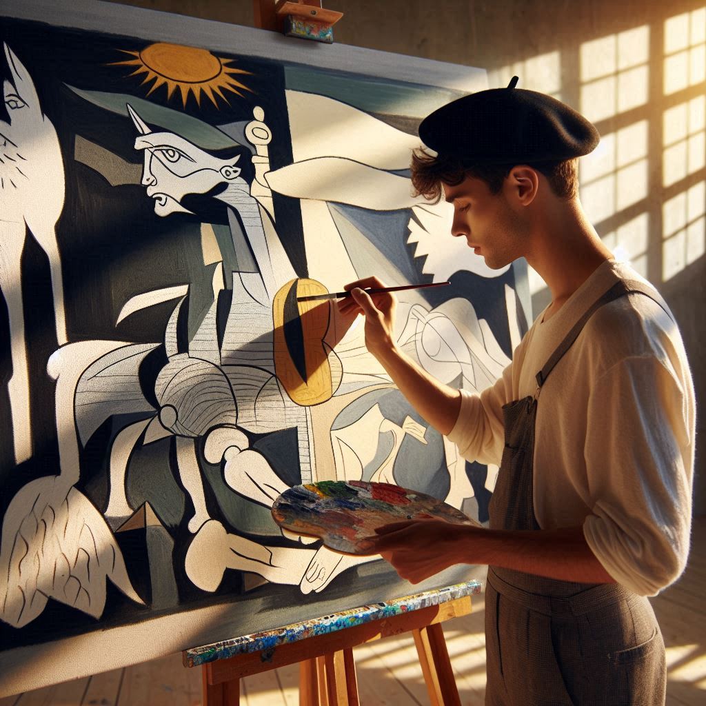 An artist in a beret and apron painting ‘Guernica’ by Pablo Picasso on a smaller canvas. The artist is focused, holding a palette and a brush, capturing the dramatic and chaotic elements of the original mural. 