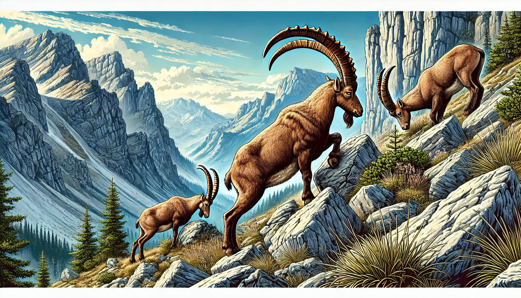 Illustration of several ibex climbing and grazing on steep, rocky terrain with sparse vegetation. The scene includes tall mountains, cliffs, and a clear blue sky. 