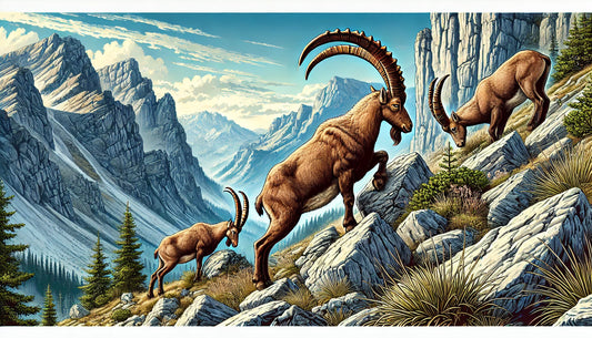Illustration of several ibex climbing and grazing on steep, rocky terrain with sparse vegetation. The scene includes tall mountains, cliffs, and a clear blue sky. 