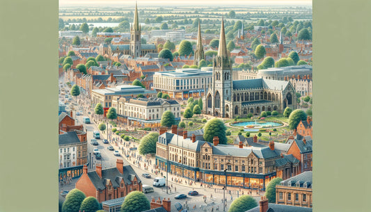Detailed view of Warwick, UK, showcasing its historic landmarks, modern shopping centers, and iconic sites like Warwick Castle and St. Mary’s Church. 