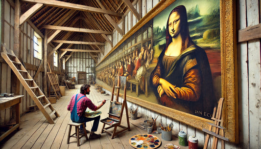 An artist painting a detailed version of Jan van Eyck’s “The Arnolfini Portrait” on a large wall inside a rustic barn. The artist is focused, holding a palette and brush, surrounded by wooden beams, rustic furniture, and scattered art supplies.