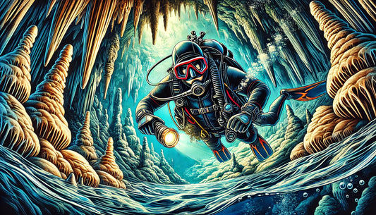 A vibrant and dynamic illustration of a cave diver exploring an underwater cave system, showcasing the thrill and challenge of cave diving. 