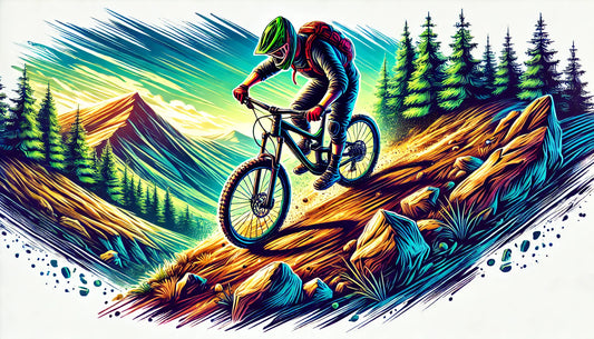 A vibrant and dynamic illustration of a mountain biker riding on a rugged trail, showcasing the thrill and challenge of mountain biking.