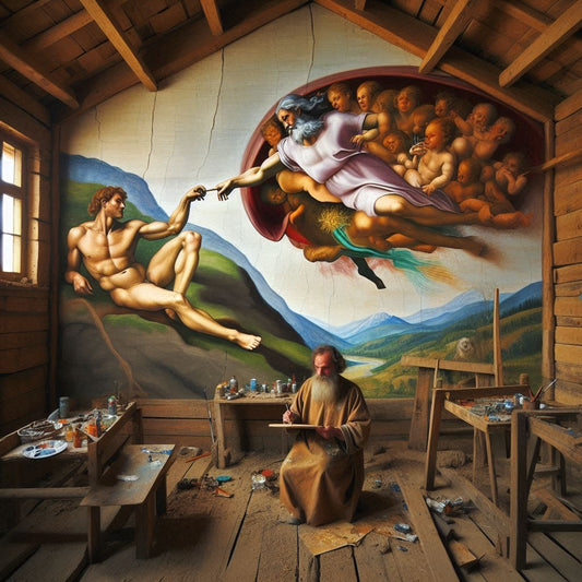 An artist in a rustic studio painting a detailed version of 'The Creation of Adam' by Michelangelo on a large wall.