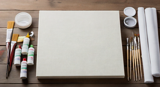 A blank white canvas sits on a wooden table, with paints, brushes, and rolled canvases nearby.