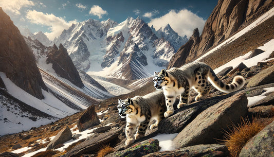 A pair of snow leopards navigating a rugged, high-altitude mountain landscape. The scene features steep rocky terrain with patches of snow and sparse alpine vegetation. 