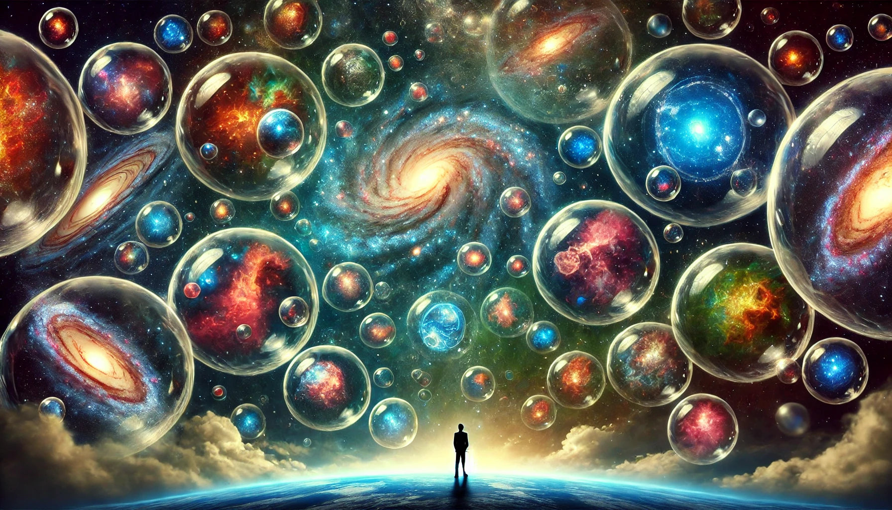A visually stunning representation of the multiverse theory. The image depicts multiple, colorful bubble-like universes floating in a vast cosmic space. 