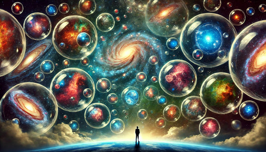 A visually stunning representation of the multiverse theory. The image depicts multiple, colorful bubble-like universes floating in a vast cosmic space. 