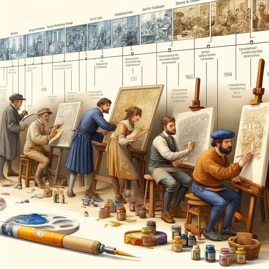 Illustration of the evolution of canvas art, showing a Renaissance artist using oil paints and a modern artist using acrylics, with a timeline of painting mediums in the background.