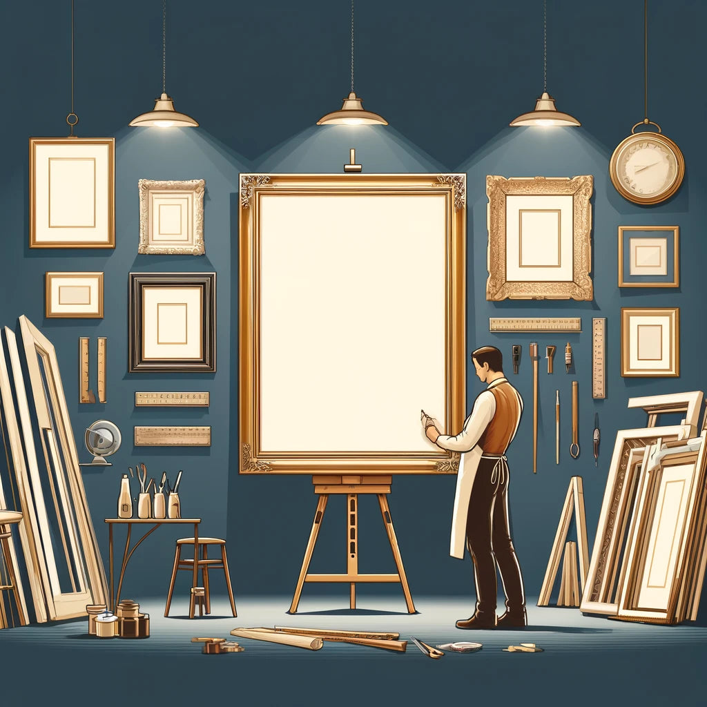 Artist in an art studio meticulously framing a large canvas, with various elegant frames and framed artworks visible, illustrating professional preparation for gallery display.