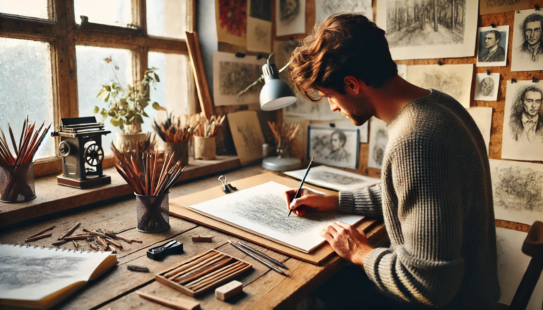 An artist sketching in a well-lit studio, focused on a detailed sketch in a sketchbook. 