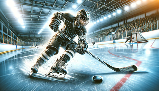 An ice hockey player in full gear, including a helmet, gloves, and pads, skating fast and handling the puck with a hockey stick in an ice rink.
