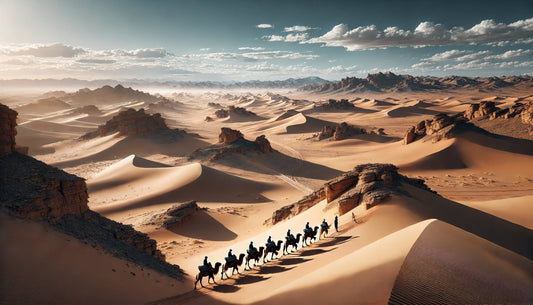 A breathtaking view of the Gobi Desert showing vast sand dunes and rocky plateaus under a clear blue sky.