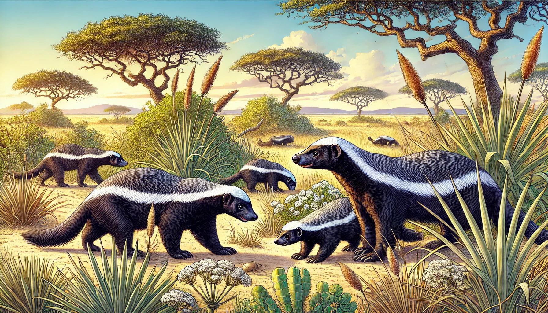Illustration of several honey badgers foraging and interacting in their natural savanna habitat. The scene includes tall grasses, scattered trees, and typical savanna vegetation under a clear sky. 