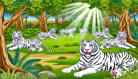 Illustration of several white tigers resting and moving in a lush, tropical forest with dense foliage and sunlight filtering through the trees. The scene includes a clear sky and typical elements of their jungle environment.