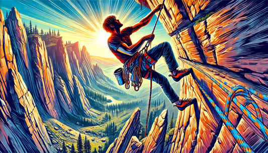 A vibrant and dynamic illustration of a rock climber scaling a steep cliff, showcasing the thrill and challenge of rock climbing. 