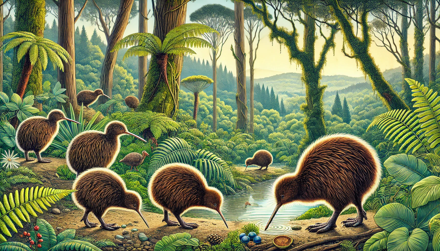 Illustration of several kiwi birds foraging on the forest floor in their natural habitat. The scene includes dense vegetation, tall trees, and a variety of ferns and plants, with lush greenery typical of New Zealand forests. 