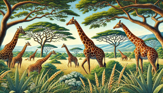Illustration of several giraffes grazing and browsing on trees in a lush savanna, with tall grasses and acacia trees.