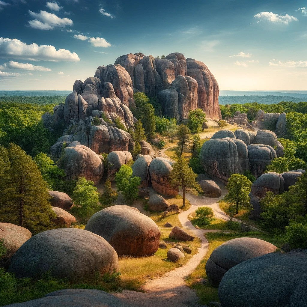 Massive granite boulders at Elephant Rocks State Park in Missouri, set against a backdrop of lush green trees and a clear blue sky, with a winding trail inviting exploration.