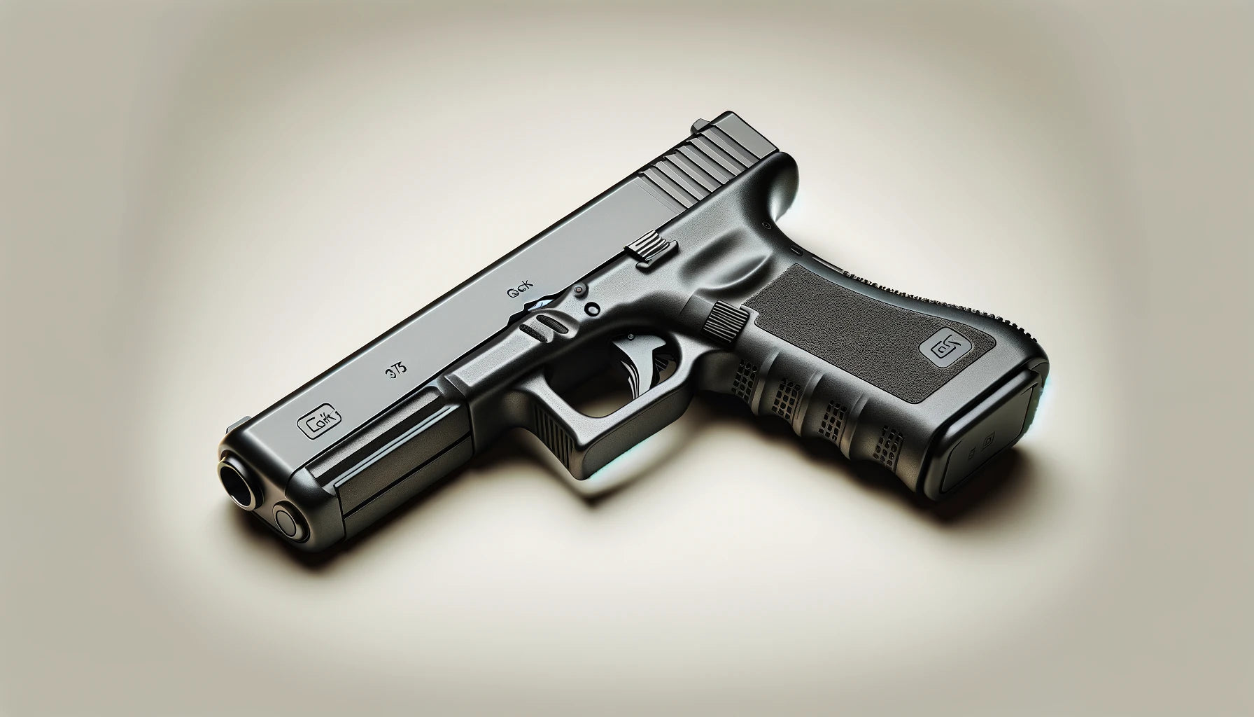 **Alt Text:** Detailed side profile of a Glock 17 handgun with a matte black polymer frame, textured grip, and distinctive slide serrations, set against a clean, neutral background.