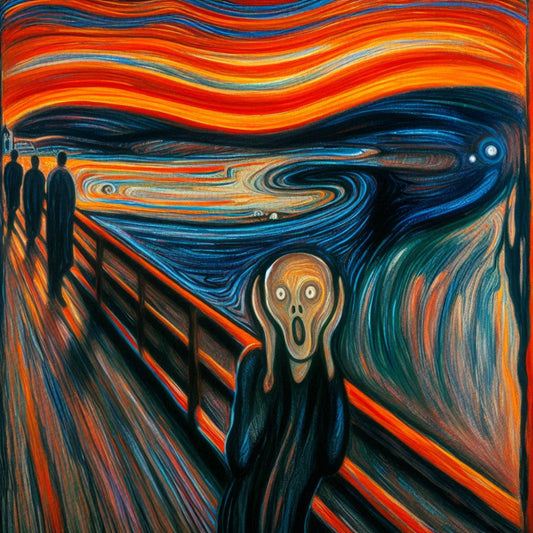 A vibrant depiction of "The Scream" by Edvard Munch, featuring a figure with a horrified expression standing on a bridge against a turbulent, swirling sky. 