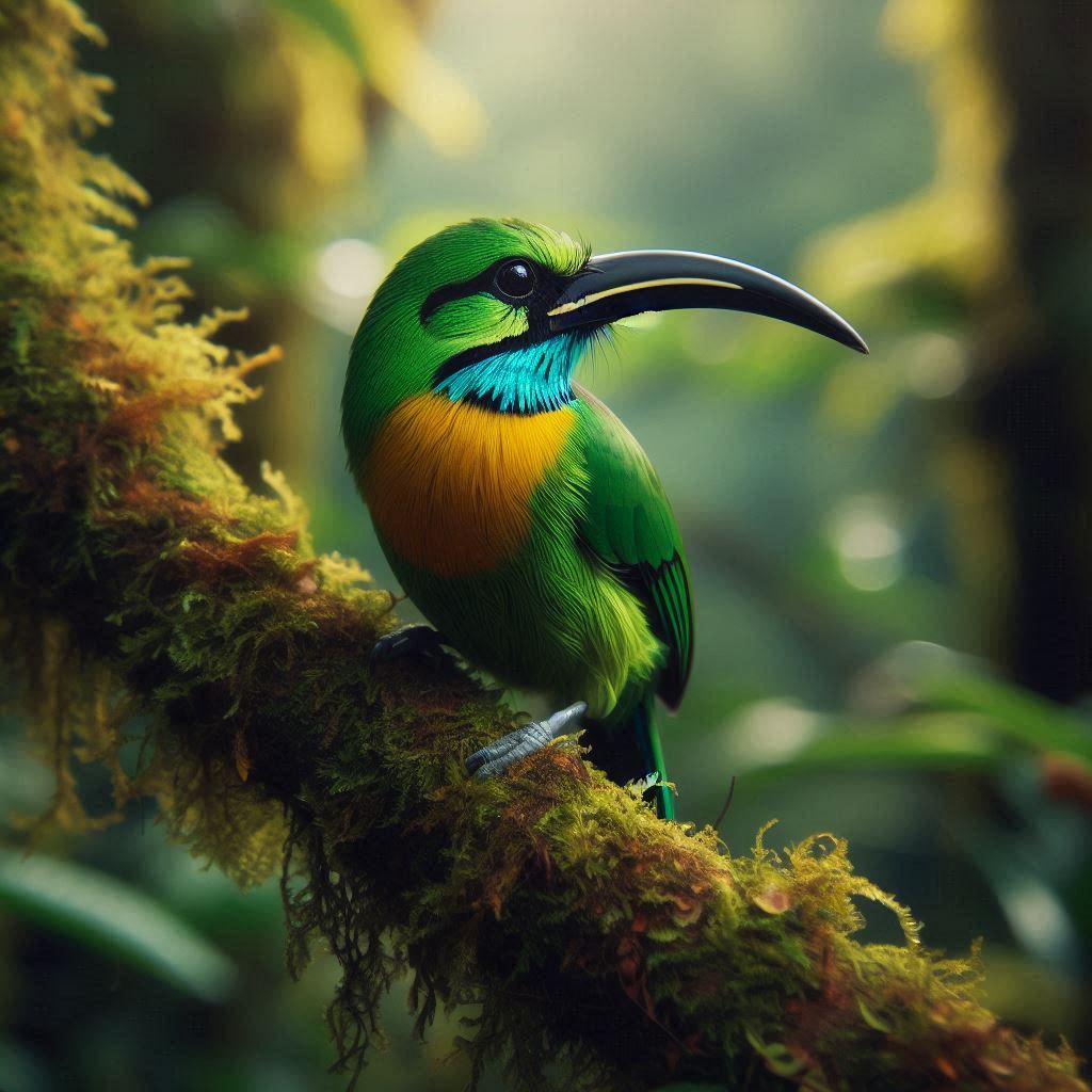 A vibrant Bearded Bellbird perched on a moss-covered branch in a lush tropical forest. 