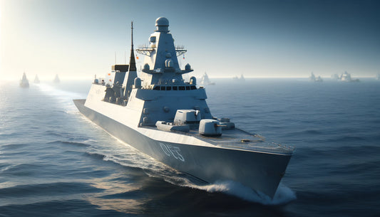 The Type 055 destroyer, a modern and advanced Chinese warship, sailing in open waters. The ship features a sleek, angular design with stealth characteristics, equipped with multiple radar arrays and missile launchers.
