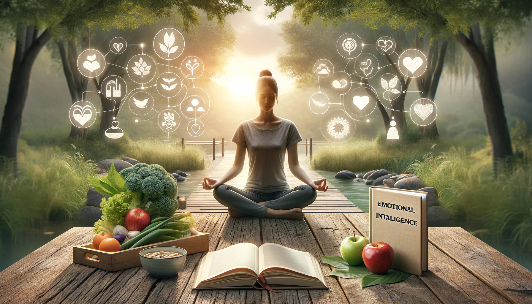 a serene scene of a balanced life with elements representing emotional well-being.