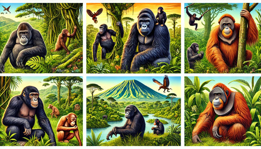different species of monkey bamboos (apes) in their natural habitats.