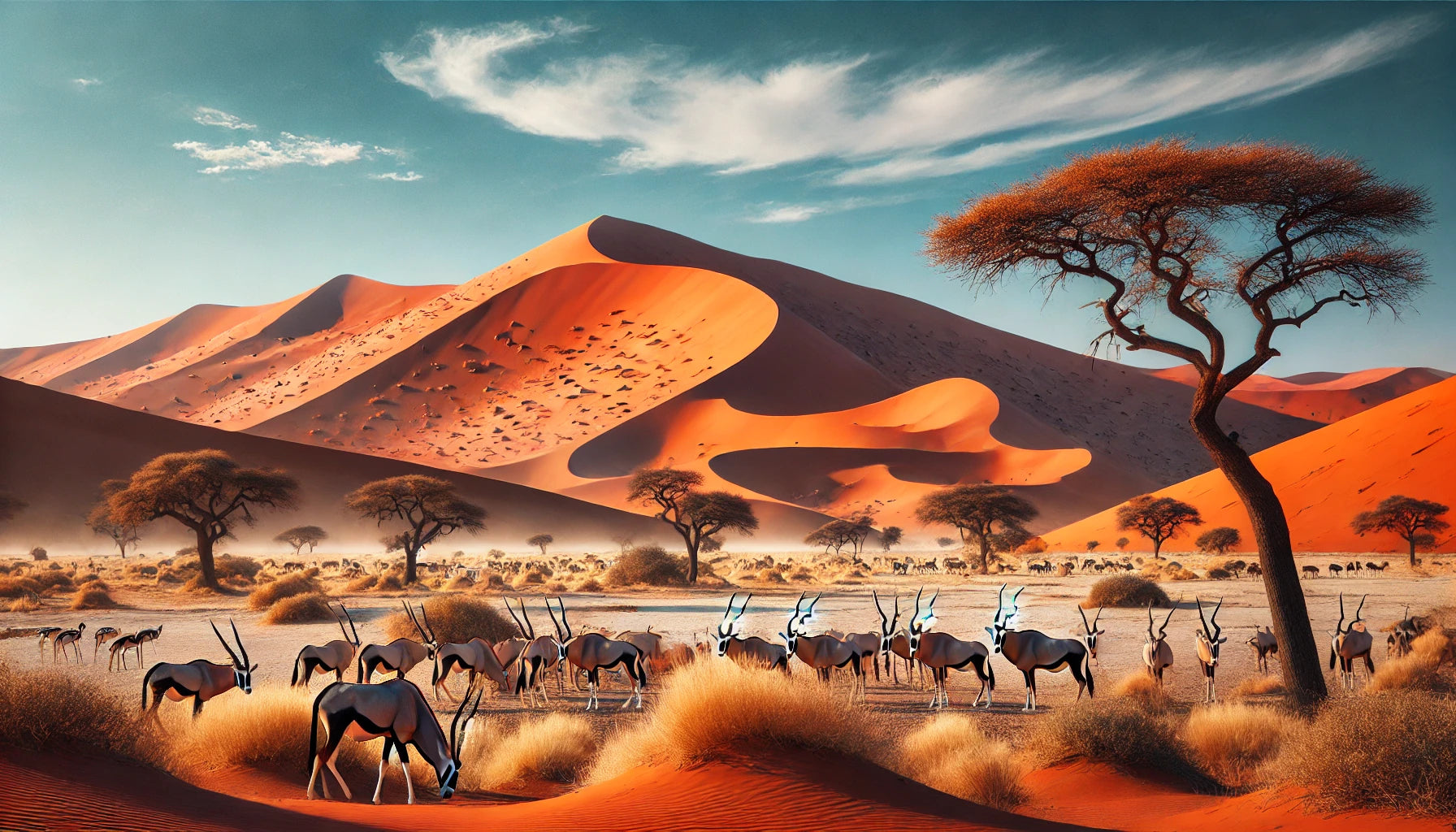 A stunning view of the Kalahari Desert showing its iconic red sand dunes under a clear blue sky. A herd of oryx is seen grazing in the foreground, with acacia trees dotting the landscape. 