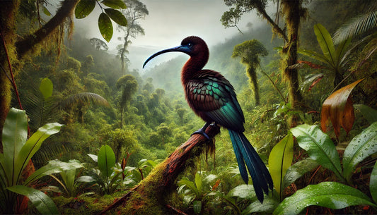 A Brown Sicklebill in its natural habitat. The bird is large with iridescent black feathers, a long sickle-shaped bill, and long tail plumes. 