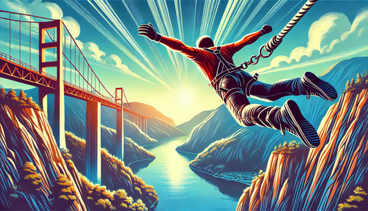 A vibrant and dynamic illustration of a bungee jumper leaping from a high structure, showcasing the thrill and adrenaline rush of bungee jumping.