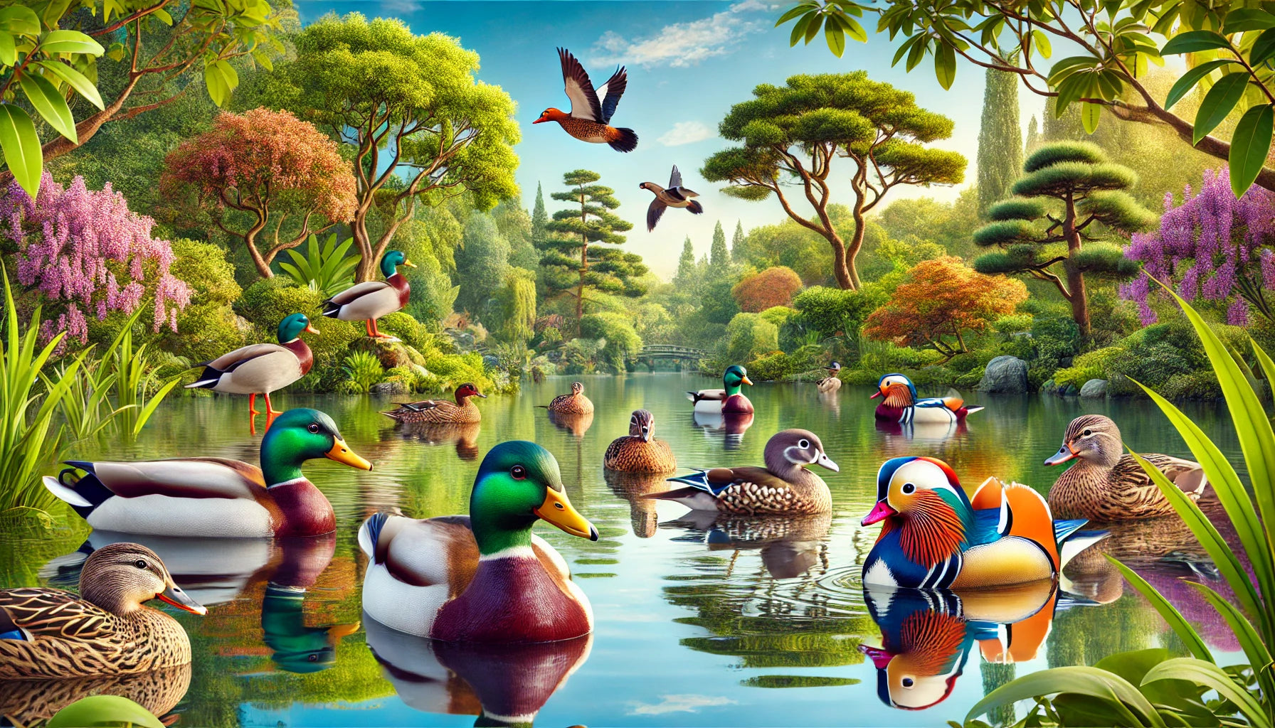 A group of ducks swimming in a calm pond surrounded by lush greenery. 
