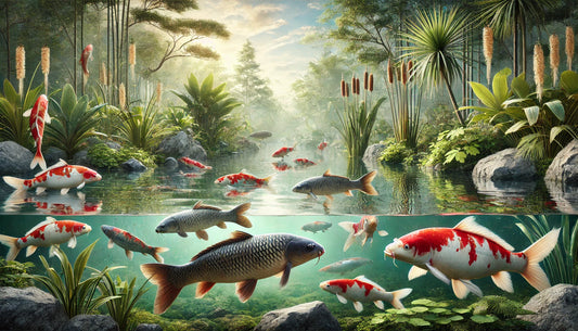 A group of carp swimming gracefully in a clear pond surrounded by aquatic plants and rocks. 
