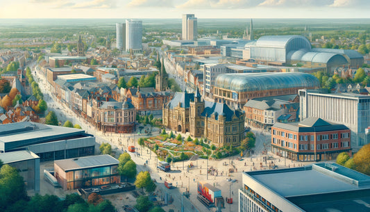 Detailed view of Corby, Northamptonshire, showcasing its historic landmarks, modern shopping centers, and iconic sites like the Corby Cube and Willow Place Shopping Centre. 