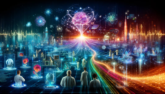 A futuristic scene depicting the exponential growth of AI. The image features advanced neural network algorithms as interconnected nodes and pathways, flowing binary codes representing vast data streams